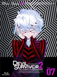  collar devil_survivor_2 frilled_collar frills geometric_pattern gradient gradient_background looking_at_viewer megami_ibunroku_devil_survivor melancholy_man nail_polish official_art shirt short_hair solo striped_background striped_shirt white_eyes white_hair yasuda_suzuhito 