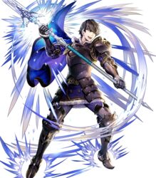  1boy armor armored_boots asatani_tomoyo berkut_(fire_emblem) black_armor black_hair boots cape fire_emblem fire_emblem_echoes:_shadows_of_valentia fire_emblem_heroes full_body fur_trim gauntlets grey_eyes highres holding holding_weapon long_sleeves looking_away male_focus official_art open_mouth pants pauldrons polearm shoulder_armor smile solo spear transparent_background weapon 