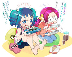  2girls alternate_hairstyle barefoot bike_shorts blue_eyes blue_hair character_doll commentary_request controller feet game_console game_controller glasses hair_bobbles hair_ornament hanasaki_tsubomi heartcatch_precure! inkling inkling_player_character kurumi_erika long_hair moudoku_(decopon3rd) multiple_girls pink_hair playing_games precure short_hair sitting soles splatoon_(series) splatoon_1 toes translated twintails wii_u wii_u_gamepad 