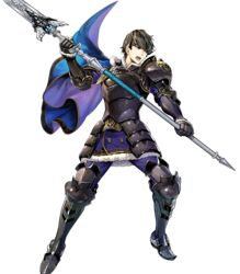  1boy armor armored_boots asatani_tomoyo berkut_(fire_emblem) black_armor black_hair boots cape fire_emblem fire_emblem_echoes:_shadows_of_valentia fire_emblem_heroes full_body fur_trim gauntlets grey_eyes highres holding holding_weapon long_sleeves looking_away male_focus official_art open_mouth pants pauldrons polearm shoulder_armor solo spear transparent_background weapon 