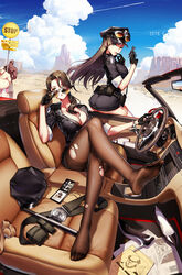  2boys 2girls alternate_costume arizona_(azur_lane) ass aviator_sunglasses azur_lane bad_link badge baton_(weapon) belt black_gloves black_legwear blue_skirt bound breasts car_interior cleavage cloud contrail cuffs dated feet gloves gun half_gloves handcuffs handgun hat high_heels highres large_breasts leather leather_gloves luode_huayuan multiple_boys multiple_girls pantyhose pennsylvania_(azur_lane) photoshop_(medium) police police_hat police_uniform policewoman revolver signpost skirt sunglasses thighband_pantyhose tied_up_(nonsexual) torn_clothes torn_pantyhose uniform unworn_hat unworn_headwear weapon 