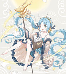  absurdres bare_shoulders barefoot bell blue_eyes blue_hair blue_shorts blue_vest book camisole chinese_commentary collarbone commentary_request dress female floating floating_book floating_object frilled_dress frilled_vest frills hair_bell hair_ornament hair_ribbon hands_up heterochromia highres ice_laozei knees_up long_hair long_sleeves looking_at_viewer no_legwear no_shoes oerba_yun_fang off_shoulder open_book open_hand open_mouth outstretched_foot parted_bangs patterned_background photoshop_(medium) purple_eyes ribbon saumarez_(warship_girls_r) shorts shorts_under_dress simple_background smile solo spaghetti_strap staff two_side_up vest warship_girls_r wavy_hair white_dress wide_sleeves 