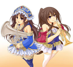  2girl aose_saratoga atelier_(series) atelier_meruru atelier_totori bare_shoulders black_hair boots brown_eyes brown_hair capelet detached_sleeves dress euphonium female hat headdress instrument long_hair mimi_houllier_von_schwarzlang multiple_girls open_mouth ponytail purple_eyes short_shorts shorts smile thigh_boots thighhighs totooria_helmold trumpet 