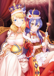  2girls air_bubble blonde_hair blue_eyes blue_hair boots bow bowtie bracelet breasts bubble cape card caustics center_frills chair closed_mouth commentary_request corset couch cross cross-laced_clothes crossover crown curtains diamond_(shape) dress facepaint floral_print flower frills fur-trimmed_boots fur_trim gem glint gloves hair_between_eyes heart heterochromia highres holding huge_breasts jewelry lens_flare long_hair looking_at_viewer love_live! love_live!_school_idol_festival love_live!_school_idol_project mtyy multiple_girls necklace off_shoulder pearl_(gemstone) photoshop_(medium) pillar playing_card puffy_sleeves purple_flower purple_rose red_flower red_footwear red_rose renown_(warship_girls_r) rose rose_print royal_robe scepter side-by-side signature sitting small_breasts smile smirk sonoda_umi spade_(shape) star_(symbol) star_print stenciled_rose striped_sleeves very_long_hair warship_girls_r water white_dress white_gloves wide_sleeves yellow_eyes 