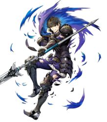  1boy armor armored_boots asatani_tomoyo berkut_(fire_emblem) black_armor black_hair boots broken_armor cape fire_emblem fire_emblem_echoes:_shadows_of_valentia fire_emblem_heroes full_body fur_trim gauntlets grey_eyes highres holding holding_weapon long_sleeves looking_away male_focus official_art pants pauldrons polearm shoulder_armor solo torn_clothes transparent_background weapon 