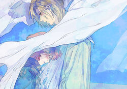  1boy arm_sling blonde_hair blue_sky blush closed_eyes commentary_request crying eyelashes female from_side height_difference laundry looking_at_another pink_hair profile protagonist_(tokimemo_gs3) sakurai_ruka scarf short_hair sky tears tokimeki_memorial tokimeki_memorial_girl&#039;s_side tokimeki_memorial_girl&#039;s_side_3rd_story upper_body yukasu 