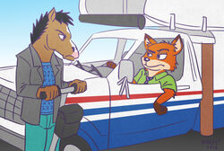  2015 angry anthro arrested_development black_clothing black_jacket black_mane black_topwear blue_clothing blue_sweater blue_topwear bojack_horseman bojack_horseman_(character) bottomwear brown_body brown_fur canid canine clothed clothing countershading crossover digital_drawing_(artwork) digital_media_(artwork) disney driving duo equid equine eyebrows flat_colors fox frown fur heresy_(artist) horse humanoid_hands jacket male mammal mane necktie netflix nick_wilde orange_body orange_fur pants parody pink_nose raised_eyebrow red_fox segway signature sound sweater teal_bottomwear teal_clothing teal_pants topwear truck_(vehicle) true_fox vehicle voice_acted voice_actor_joke white_body white_fur zootopia 