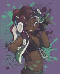  2017 5_fingers absurd_res animal_humanoid aveloka bare_shoulders breasts cephalopod cephalopod_humanoid cleavage clothed clothing dark_body dark_skin electronics eyebrows eyelashes female fingerless_gloves fingers gloves green_eyes hair handwear headphones hi_res humanoid jacket long_hair marina_(splatoon) marine marine_humanoid markings midriff mole_(marking) mollusk mollusk_humanoid navel navel_piercing navel_stud nintendo octarian octoling one_eye_closed piercing pseudo_hair smile solo splatoon suction_cup tentacle tentacle_hair topwear wink 