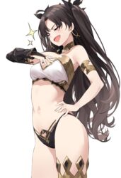  :d absurdres ahoge bare_shoulders bikini black_bikini black_hair breasts closed_eyes cowboy_shot earrings fate/grand_order fate_(series) female hair_ribbon hand_on_hip hand_on_own_chest highleg highleg_bikini highres hoop_earrings ishtar_(fate)_(all) ishtar_(fate/grand_order) jewelry long_hair medium_breasts mismatched_bikini navel open_mouth ribbon simple_background single_thighhigh smile smug solo sparkle standing star741 stomach swimsuit thighhighs thighs two_side_up white_background white_bikini 