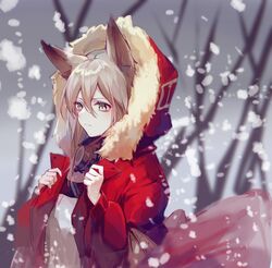  animal_ears arknights bare_tree female fur-trimmed_jacket fur_trim grey_eyes grey_hair hair_between_eyes highres jacket long_sleeves open_clothes open_jacket projekt_red_(arknights) red_jacket shirt short_hair snow solo tree white_shirt wolf_ears yunweishukuang 