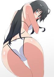  absurdres ass bikini black_hair blue_eyes breasts cowboy_shot female from_behind highres long_hair looking_back shou937 sidelocks simple_background small_breasts solo swimsuit white_background white_bikini yahari_ore_no_seishun_lovecome_wa_machigatteiru. yukinoshita_yukino 