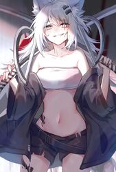  animal_ear_fluff animal_ears arknights bandeau bare_shoulders belt black_belt black_jacket black_shorts breasts collarbone cowboy_shot crop_top dual_wielding female grey_eyes grey_nails grin hair_between_eyes hair_ornament hairclip highres holding holding_sword holding_weapon jacket lappland_(arknights) long_hair long_sleeves looking_at_viewer material_growth midriff nail_polish navel off_shoulder open_clothes open_jacket oripathy_lesion_(arknights) scar scar_across_eye scar_on_face short_shorts shorts small_breasts smile solo standing stomach strapless sword tube_top weapon white_hair wide_sleeves wolf_ears yunweishukuang 