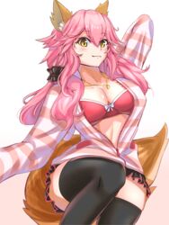  animal_ear_fluff animal_ears black_thighhighs blush bra breasts cleavage collar collarbone fate/extra fate/extra_ccc fate_(series) female fox_ears fox_girl fox_tail highres large_breasts looking_at_viewer official_alternate_costume open_clothes open_shirt pink_bra pink_hair solo tail tamamo_(fate) tamamo_no_mae_(fate/extra) tamamo_no_mae_(spring_casual)_(fate) thighhighs underwear yahan_(mctr5253) yellow_eyes 