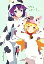  2girls animal_costume animal_ears animal_print arms_up bakemonogatari bell blonde_hair blue_eyes blush_stickers commentary cow_costume cow_ears cow_girl cow_hood cow_horns cow_print cow_tail cowbell fooring highres hood hood_up horns horns_pose index_fingers_raised long_hair looking_at_viewer monogatari_(series) multiple_girls oshino_shinobu purple_hair senjougahara_hitagi short_hair standing tail yellow_eyes 