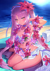  bare_legs bare_shoulders barefoot beach bikini bikini_tan blue_bikini blue_sarong blush breasts choker closed_mouth collarbone commentary_request day euryale_(fate) euryale_(formal_dress)_(fate) fanbox_reward fate/grand_order fate/hollow_ataraxia fate_(series) female flower flower_necklace front-tie_top hair_flower hair_ornament hair_ribbon hairband hibiscus highres jewelry lei long_hair looking_at_viewer m-da_s-tarou navel necklace ocean orange_eyes outdoors paid_reward petite print_sarong purple_hair red_flower ribbon sand sarong sitting slit_pupils small_breasts smile solo sweat swimsuit tan tanlines twintails very_long_hair water yokozuwari 