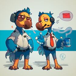  1:1 2020 animal_crossing anthro avian beak belt bird brother_(lore) clothing columbid container cup dodo duo electronics extinct eyewear headphones maaty-s male necktie nintendo orville_(animal_crossing) pictographics recently_extinct_species sibling_(lore) speech_bubble sunglasses wilbur_(animal_crossing) 