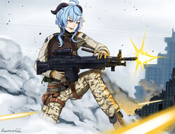  armor artist_name blue_hair boots brown_eyes brown_footwear brown_gloves camouflage camouflage_jacket camouflage_pants commission cow_horns darkpulsegg english_commentary female firing ganyu_(genshin_impact) genshin_impact gloves gun holding holding_gun holding_weapon horns jacket light_machine_gun long_hair looking_away m249 machine_gun military military_uniform on_one_knee open_mouth pants parted_lips smile smoke solo teeth uniform upper_teeth_only weapon 