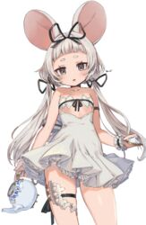  animal_ears bare_shoulders blunt_bangs blush commentary_request dress female flat_chest grey_eyes grey_hair highres hikimayu long_hair looking_at_viewer mouse_ears open_mouth original simple_background solo teapot thigh_strap twintails white_background white_dress yu-ri_(arium047) 