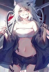  animal_ear_fluff animal_ears arknights bandeau bare_shoulders belt black_belt black_jacket black_shorts breasts collarbone cowboy_shot crop_top dual_wielding female grey_eyes grey_nails grin hair_between_eyes hair_ornament hairclip highres holding holding_sword holding_weapon jacket lappland_(arknights) long_hair long_sleeves looking_at_viewer material_growth midriff nail_polish navel off_shoulder open_clothes open_jacket oripathy_lesion_(arknights) scar scar_across_eye scar_on_face short_shorts shorts small_breasts smile solo standing stomach strapless sword tube_top weapon white_hair wide_sleeves wolf_ears yunweishukuang 