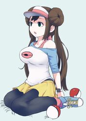  black_pantyhose breasts brown_hair commentary_request culter double_bun doughnut_hair_bun drooling empty_eyes female full_body green_eyes hair_bun large_breasts off-shoulder_shirt off_shoulder open_mouth pantyhose pantyhose_under_shorts poke_ball poke_ball_(basic) poke_ball_print pokemon pokemon_bw2 raglan_sleeves rosa_(pokemon) shirt shorts sitting smartwatch solo twintails visor_cap wariza watch wristwatch yellow_shorts 