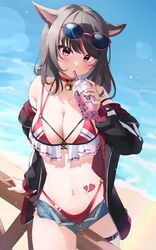  animal_ears bare_shoulders beach bell bikini bikini_under_clothes black_hair breasts bubble_tea cat_ears choker cleavage collarbone cowboy_shot denim denim_shorts drinking_straw eyewear_on_head facial_mark female final_fantasy final_fantasy_xiv frilled_bikini frills heart heart_tattoo highleg highleg_bikini highres jacket large_breasts looking_at_viewer miqo&#039;te morros multicolored_hair navel neck_bell no_shirt on_railing open_clothes open_fly open_jacket outdoors purple_eyes railing short_shorts shorts stomach_tattoo streaked_hair sunglasses swept_bangs swimsuit tattoo thigh_strap warrior_of_light_(ff14) whisker_markings 