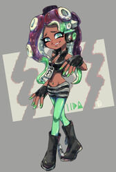  2017 5_fingers animal_humanoid blush boots breasts cephalopod cephalopod_humanoid cleavage clothed clothing dark_body dark_skin electronics eyebrows eyelashes female fingerless_gloves fingers footwear gloves green_eyes hair handwear headphones hi_res humanoid jacket long_hair marina_(splatoon) marine marine_humanoid markings midriff mole_(marking) mollusk mollusk_humanoid navel navel_piercing navel_stud nintendo octarian octoling pco piercing pseudo_hair solo splatoon suction_cup tentacle tentacle_hair topwear 