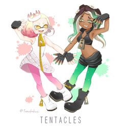  2017 5_fingers animal_humanoid boots breast_size_difference breasts cephalopod cephalopod_humanoid clothing crown dark_body dark_skin dress duo electronics english_text eyebrows eyelashes female fingerless_gloves fingers footwear gloves green_eyes hair handwear headgear headphones hi_res humanoid inkling jacket long_hair marina_(splatoon) marine marine_humanoid markings mask midriff mole_(marking) mollusk mollusk_humanoid navel navel_piercing navel_stud nintendo octarian octoling off_the_hook_(splatoon) pearl_(splatoon) piercing pseudo_hair short_hair splatoon suction_cup tentacle tentacle_hair text topwear yellow_eyes とろみ 