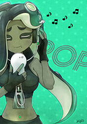  2017 5_fingers animal_humanoid breasts cephalopod cephalopod_humanoid cleavage closed_eyes clothed clothing dark_body dark_skin electronics eyebrows eyelashes female fingerless_gloves fingers gloves hair handwear headphones humanoid jacket long_hair marina_(splatoon) marine marine_humanoid markings midriff mole_(marking) mollusk mollusk_humanoid navel navel_piercing navel_stud nintendo octarian octoling piercing pseudo_hair smile solo splatoon suction_cup tentacle tentacle_hair topwear ミルン@お仕事募集中 