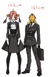  1boy alternate_costume avicebron_(fate) black_dress black_gloves blonde_hair commentary_request cosplay dress facing_viewer fate/apocrypha fate/grand_order fate_(series) female formal frankenstein&#039;s_monster_(fate) gloves hair_over_eyes height_difference holding horns kohige long_hair long_sleeves mask mechanical_horns miyamoto_mitsuru pantyhose parody pink_hair r_dorothy_wayneright r_dorothy_wayneright_(cosplay) roger_smith roger_smith_(cosplay) short_hair single_horn standing suit suitcase the_big_o voice_actor_connection white_background white_gloves 