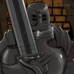  1boy armor artist_name brick_wall brown_theme commentary_request dark_souls_(series) dark_souls_i holding holding_sword holding_weapon iron_tarkus knight male_focus mizoreeart monochrome over_shoulder self-upload solo standing sword translated upper_body weapon weapon_over_shoulder 