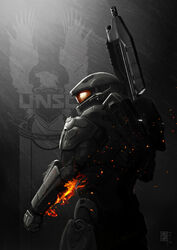  assault_rifle battlefield_(series) battlefield_3 gun halo_(game) halo_4 helmet logo male_focus mar-c! master_chief parody rifle solo style_parody weapon 