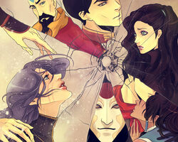  3girls 4boys amon_(the_legend_of_korra) asami_sato beard dark_skin green_eyes hair_tubes iroh korra lin_bei_fong mako_(avatar) mask multiple_boys multiple_girls red_scarf scar scarf tattoo tenzin_(the_legend_of_korra) the_legend_of_korra 