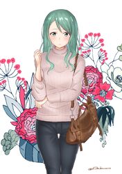  alternate_costume bad_id bad_pixiv_id bag bang_dream! closed_mouth commentary_request cowboy_shot denim elbow_on_arm female floral_background flower_request green_eyes green_hair hand_up handbag hikawa_sayo jeans long_hair pants ribbed_sweater shoulder_bag solo sweater t7s-kuroro thigh_gap turtleneck turtleneck_sweater twitter_username white_background 