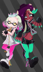  2017 3:5 5_fingers animal_humanoid boots breasts cephalopod cephalopod_humanoid clothing crown dark_body dark_skin dress duo eyebrows eyelashes female fingerless_gloves fingers footwear gloves green_eyes hair handwear headgear hi_res humanoid inkling jacket long_hair marina_(splatoon) marine marine_humanoid markings mask midriff mole_(marking) mollusk mollusk_humanoid navel navel_piercing navel_stud nintendo octarian octoling off_the_hook_(splatoon) pearl_(splatoon) piercing pose pseudo_hair short_hair smile splatoon suction_cup tentacle tentacle_hair topwear yellow_eyes フクッチ 