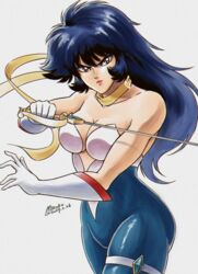  artist_name blue_eyeshadow blue_hair breasts cleavage collarbone cutie_honey_flash dated elbow_gloves eyeshadow female gloves highres holding holding_sword holding_weapon impossible_clothes long_hair magical_girl makeup medium_breasts miroku_(miroku_t) misty_honey_(flash) nagai_gou_(style) parody red_lips retro_artstyle scarf serious sidelocks signature simple_background sleeveless solo standing style_parody sword two-tone_bodysuit v-shaped_eyebrows weapon white_background wide_hips yellow_scarf 