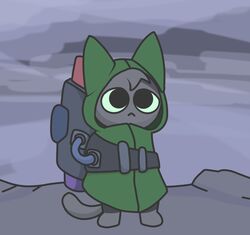  ambiguous_gender backpack cloak clothed clothing cloudy_(disambiguation) domestic_cat felid feline felis gooblie_2 green_cloak green_clothing green_sclera grey_background grey_body hi_res isaac_(gooblie_ii) male mammal mechanical_doohickey simple_background solo tail 