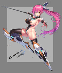  :d armored_boots black_thighhighs boots border breasts bridal_gauntlets commission double-parted_bangs female from_side full_body grey_background grey_border holding holding_sword holding_weapon huge_breasts large_breasts long_hair looking_at_viewer mecha_musume mechanical_legs midair new_(lk) open_mouth original outstretched_arms pink_hair ponytail purple_hair revealing_clothes sideboob sideless_leotard sideless_outfit simple_background skeb_commission skindentation smile solo spread_arms sword takada_kazuhiro thighhighs thighhighs_under_boots very_long_hair weapon yellow_eyes 