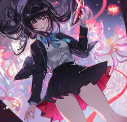  black_hair black_jacket black_skirt blue_bow blue_bowtie bow bowtie butterfly-shaped_pupils collared_shirt dutch_angle facial_mark female fingernails fireworks fractalmagnolia hand_up highres holding holding_mask honkai:_star_rail honkai_(series) jacket long_hair looking_at_viewer mask multiple_moles nail_polish official_alternate_costume official_alternate_hairstyle open_clothes open_jacket open_mouth pink_eyes pink_nails pleated_skirt shirt skirt smile solo sparkle_(honkai:_star_rail) sparkle_(school_uniform)_(honkai:_star_rail) symbol-shaped_pupils thighs white_shirt 