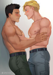  2boys ao_isami bara belt black_belt black_hair blonde_hair blush grabbing green_pants grey_pants highres large_pectorals lewis_smith looking_at_another male_focus multiple_boys muscular muscular_male pants pectoral_grab pectorals short_hair simple_background twitter_username uhai yaoi yuuki_bakuhatsu_bang_bravern 