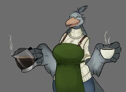  accessory anthro apron avian barista beak beverage big_beak big_breasts bird breasts closed_eyes clothed clothing coffee coffee_mug coffee_pot curvy_figure feathers female green_apron green_clothing grey_background grey_body grey_feathers hair_accessory hair_tie head_feathers hi_res huge_breasts mature_anthro mature_female open_mouth orange_beak pelecaniform seb_valenz sheila_(seb_valenz) shoebill simple_background slightly_chubby smile solo sweater tail tail_feathers thick_thighs topwear turtleneck voluptuous voluptuous_anthro voluptuous_female wide_hips winged_arms wings 