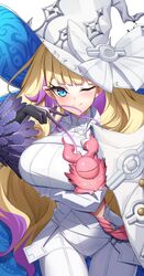  agibe blonde_hair blue_eyes breast_strap breasts claws diabellze_the_original_sinkeeper dress duel_monster eye_of_horus female gloves hat highres large_breasts long_hair multicolored_hair one_eye_closed purple_hair smile snake-eyes_poplar streaked_hair white_dress witch_hat yu-gi-oh! 