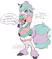  2022 anthro bede_(pokemon) blush bottomwear clothed clothing dialogue ears_down embarrassed english_text equid equine femboy fluffy fluffy_tail fully_clothed fur galarian_form galarian_ponyta generation_8_pokemon green_body green_fur hi_res hooves horn male mammal nintendo pivoted_ears pokemon pokemon_(species) purple_body purple_fur regional_form_(pokemon) secretly_loves_it shirt shorts signature simple_background snout solo speech_bubble tail tail_motion tailwag text thought_bubble topwear unguligrade white_background yenkoby 