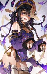  absurdres bare_shoulders black_hair blue_eyes blush braid breasts bug butterfly commentary detached_sleeves female fingernails hair_ornament hat highres jiangshi jiangshi_costume leotard leotard_under_clothes long_fingernails long_hair long_sleeves looking_at_viewer mole mole_under_eye multiple_braids nail_polish oerba_yun_fang ofuda open_mouth original outstretched_arms purple_hair qingdai_guanmao smile solo symbol-only_commentary thighhighs thighs ye_jji zombie_pose 