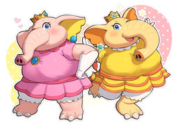  2girls animalization blue_eyes brooch crown dress earrings elephant_daisy elephant_peach flower_earrings furry gloves gonzarez heart highres jewelry mario_(series) mini_crown multiple_girls one_eye_closed pearl_earrings pink_dress princess_daisy princess_peach smile standing super_mario_bros._wonder white_gloves yellow_dress 