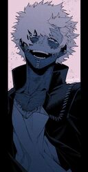  1boy black_jacket boku_no_hero_academia burn_scar costume dabi_(boku_no_hero_academia) ear_piercing facing_viewer floating_hair grin half-closed_eyes head_tilt high_collar jacket kan_(pyy_c12) looking_away looking_to_the_side male_focus multiple_piercings multiple_scars nose_piercing open_mouth piercing pillarboxed scar scar_on_chest scar_on_face scar_on_neck shirt short_hair smile solo spiked_hair splotch stapled stitches teeth twitter_username white_background white_shirt wind 