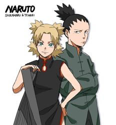  bad_id bad_pixiv_id black_dress black_eyes black_hair blonde_hair character_name china_dress chinese_clothes closed_mouth dress forehead green_eyes green_shirt hand_fan hand_on_own_hip highres holding holding_fan long_sleeves looking_at_viewer nara_shikamaru naruto naruto_(series) pinoko_(pnk623) shirt simple_background sleeveless sleeveless_dress smile temari_(naruto) white_background 