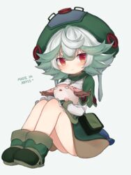  :&lt; absurdres bad_id bad_pixiv_id blush boots breasts closed_mouth commentary copyright_name creature creature_on_arm female flipped_hair full_body green_footwear green_hair green_hat green_necktie grey_hair hat heart highres holding holding_creature knees_up long_sleeves looking_at_viewer made_in_abyss medium_breasts medium_hair meinya_(made_in_abyss) multicolored_hair necktie pouch prushka red_eyes sachi-chan_(yuojin) simple_background sitting skirt solo streaked_hair symbol-only_commentary twitter_username watermark white_background white_skirt 