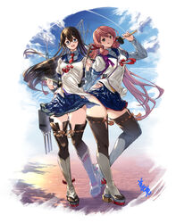  2girls aircraft_catapult akashi_(kancolle) armor black_hair blue_eyes blue_skirt blue_sky blush breasts cannon cloud crane_(machine) duplicate flower full_body glasses gradient_background granblue_fantasy_(style) green_eyes hair_between_eyes hair_ribbon hairband hammer high_heels hip_vent kantai_collection lace lace-trimmed_legwear lace_trim long_hair long_sleeves looking_at_viewer machinery multiple_girls necktie ooyodo_(kancolle) open_mouth pen petals pink_hair pixel-perfect_duplicate platform_footwear platform_heels pleated_skirt radio_antenna red_necktie ribbon school_uniform semi-rimless_eyewear serafuku shadow skirt sky small_breasts smile thighhighs thighs tongue tongue_out tress_ribbon turret under-rim_eyewear white_ribbon youmou_usagi 