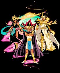  2boys absurdres armlet artist_name atem black_footwear black_hair blonde_hair cape closed_mouth commentary crossed_arms dark-skinned_female dark-skinned_male dark_skin duel_monster earrings egyptian energy eye_of_horus female highres jewelry knees mahado mana_(yu-gi-oh!) millennium_puzzle multicolored_hair multiple_boys palladium_oracle_mahad palladium_oracle_mana phil_vzq pink_eyes shoes spiked_hair staff white_footwear yu-gi-oh! 