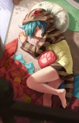  artistic_error bare_legs barefoot blue_hair closed_eyes female from_above highres hood hoodie japari_coin kemono_friends long_sleeves lying melaton on_floor on_side pillow print_hoodie profile short_hair sleeping smile snake_print soles solo tail tsuchinoko_(kemono_friends) two-tone_hoodie wrong_foot yellow_hoodie 